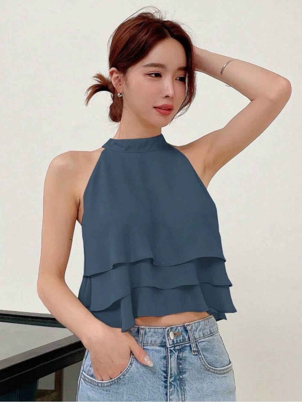 Tiered Halter Crop Top in Slate Blue Large